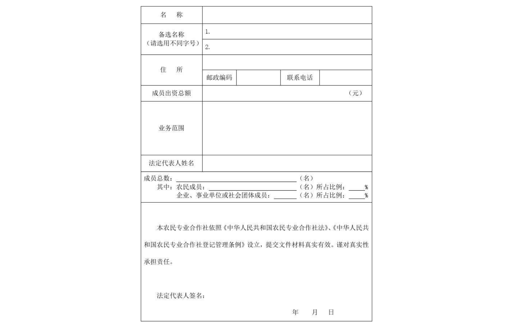 鄭州農民專業合作社設立登記表模板